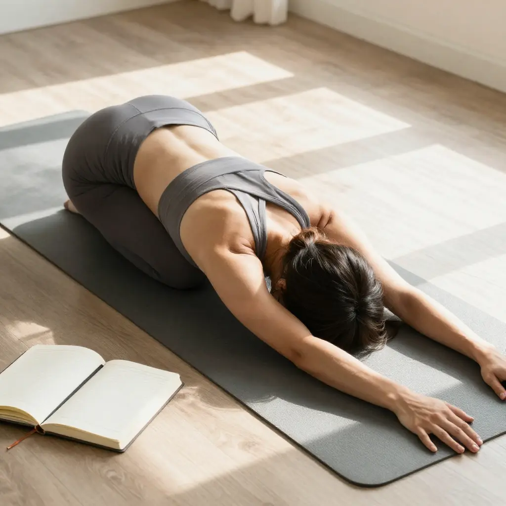 Person practicing daily energy routine with stretching and journaling