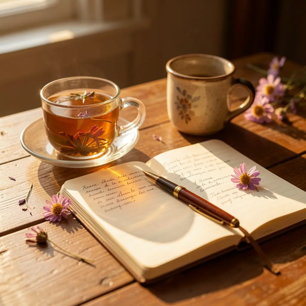 Warm morning setup with herbal tea and a journal on a sunlit table