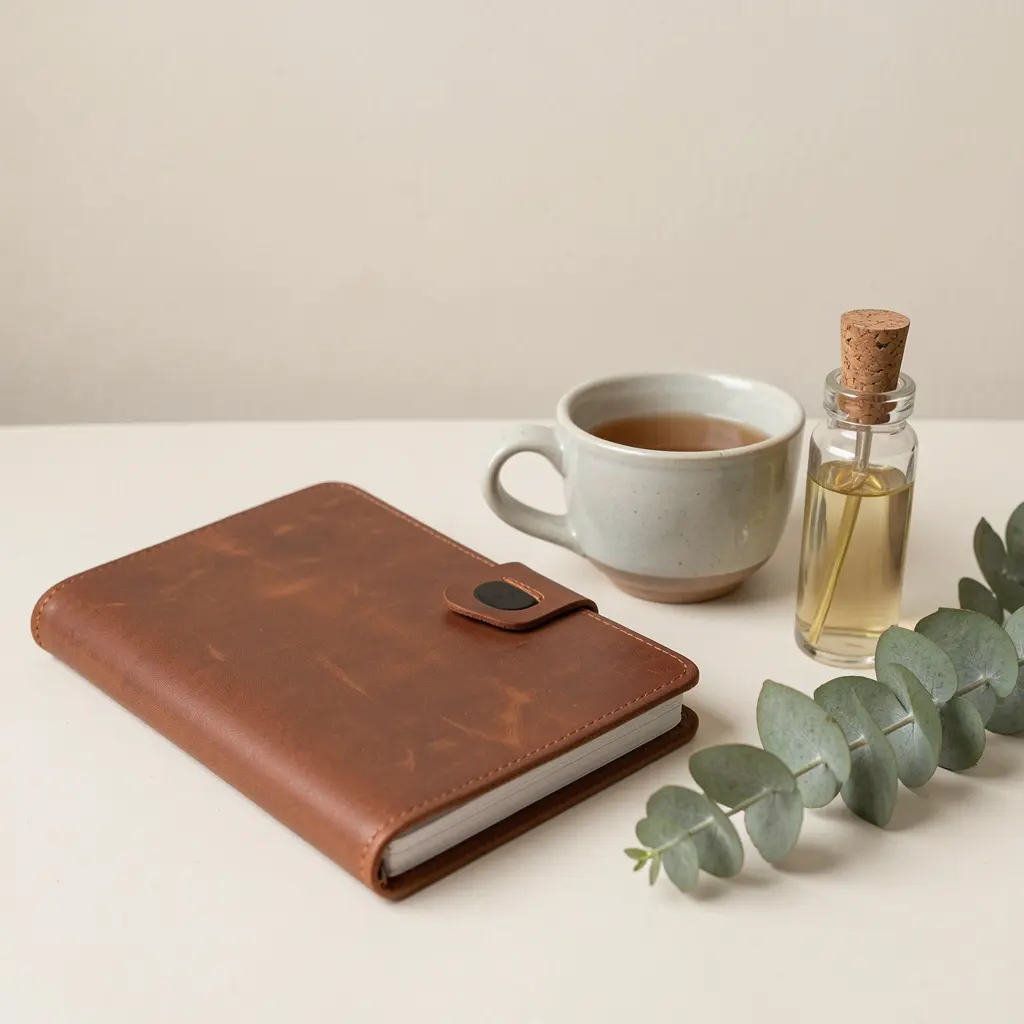 Collection of wellness essentials including planner, tea, and aromatherapy set